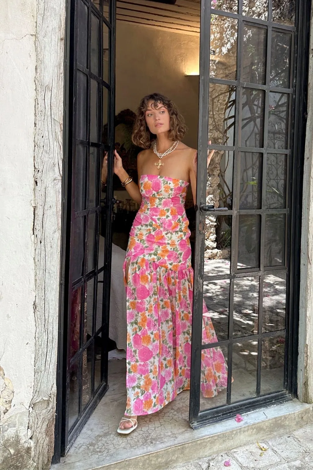 Sculpted Detail LaBelle Strapless Drop Waist Pink Floral Maxi Dress