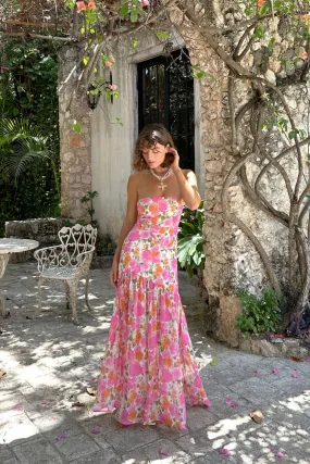 LaBelle Strapless Drop Waist Pink Floral Maxi Dress Button-front