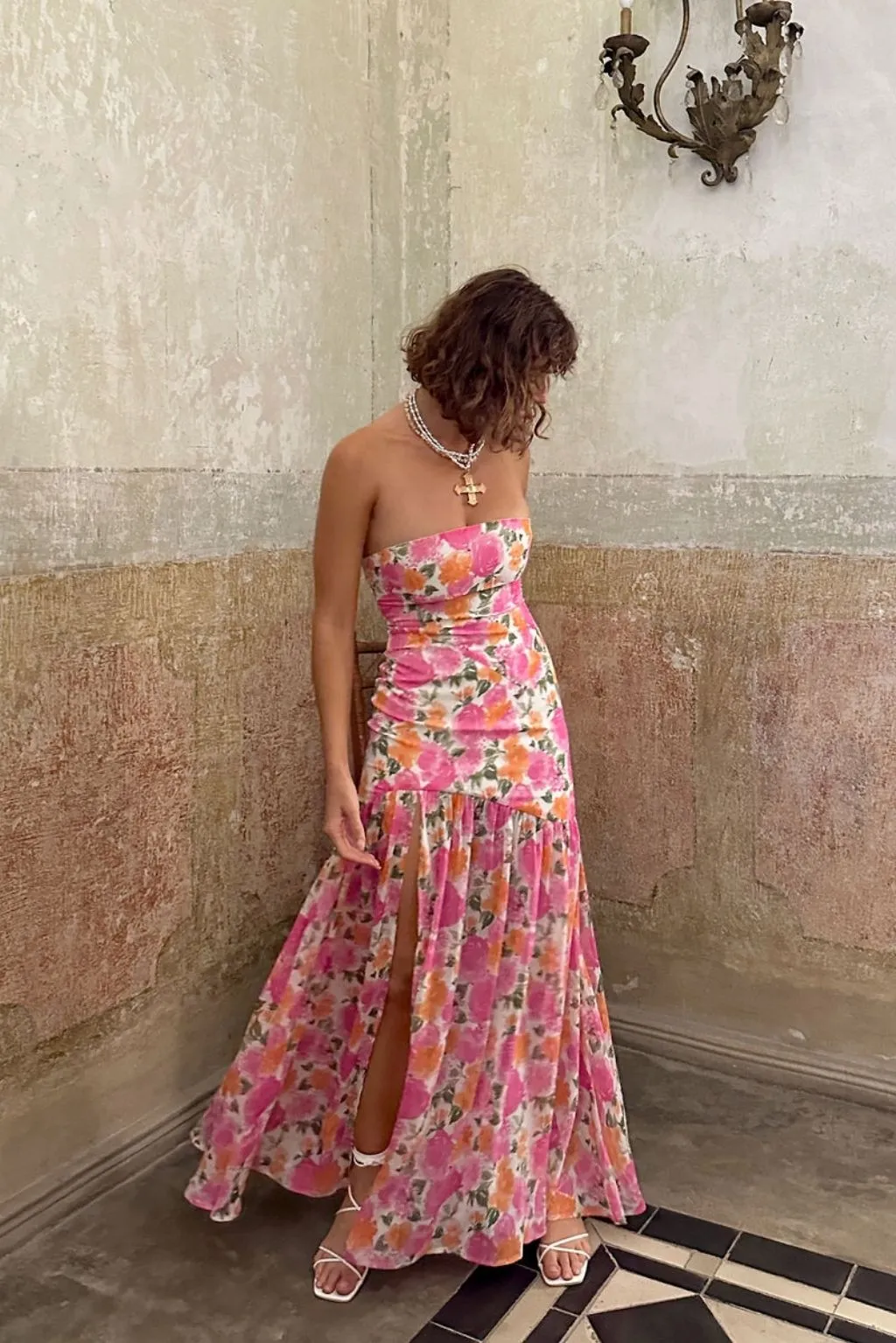 Minimalist Look Calm Style LaBelle Strapless Drop Waist Pink Floral Maxi Dress
