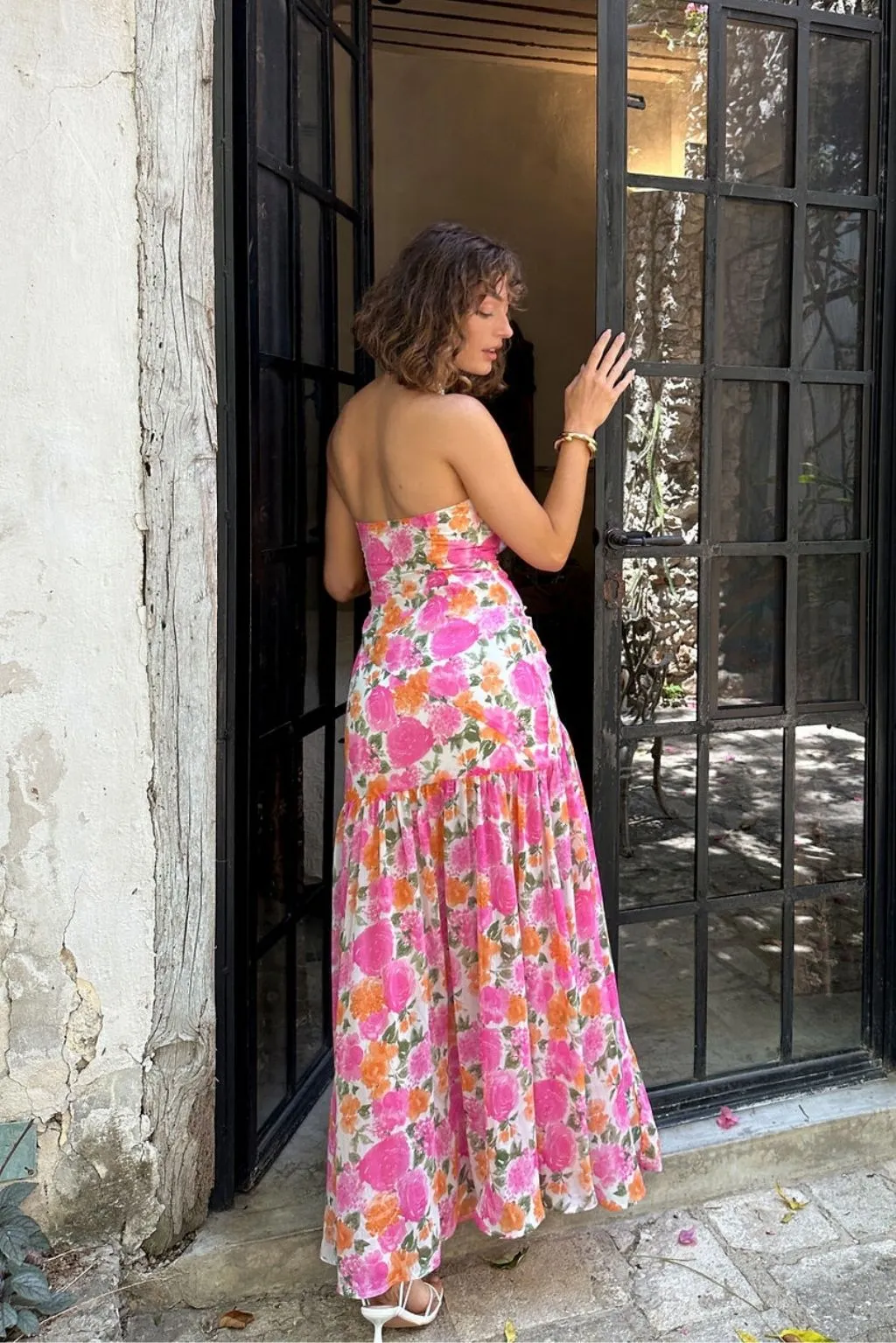 Trendy Silhouette Elegant Charm LaBelle Strapless Drop Waist Pink Floral Maxi Dress