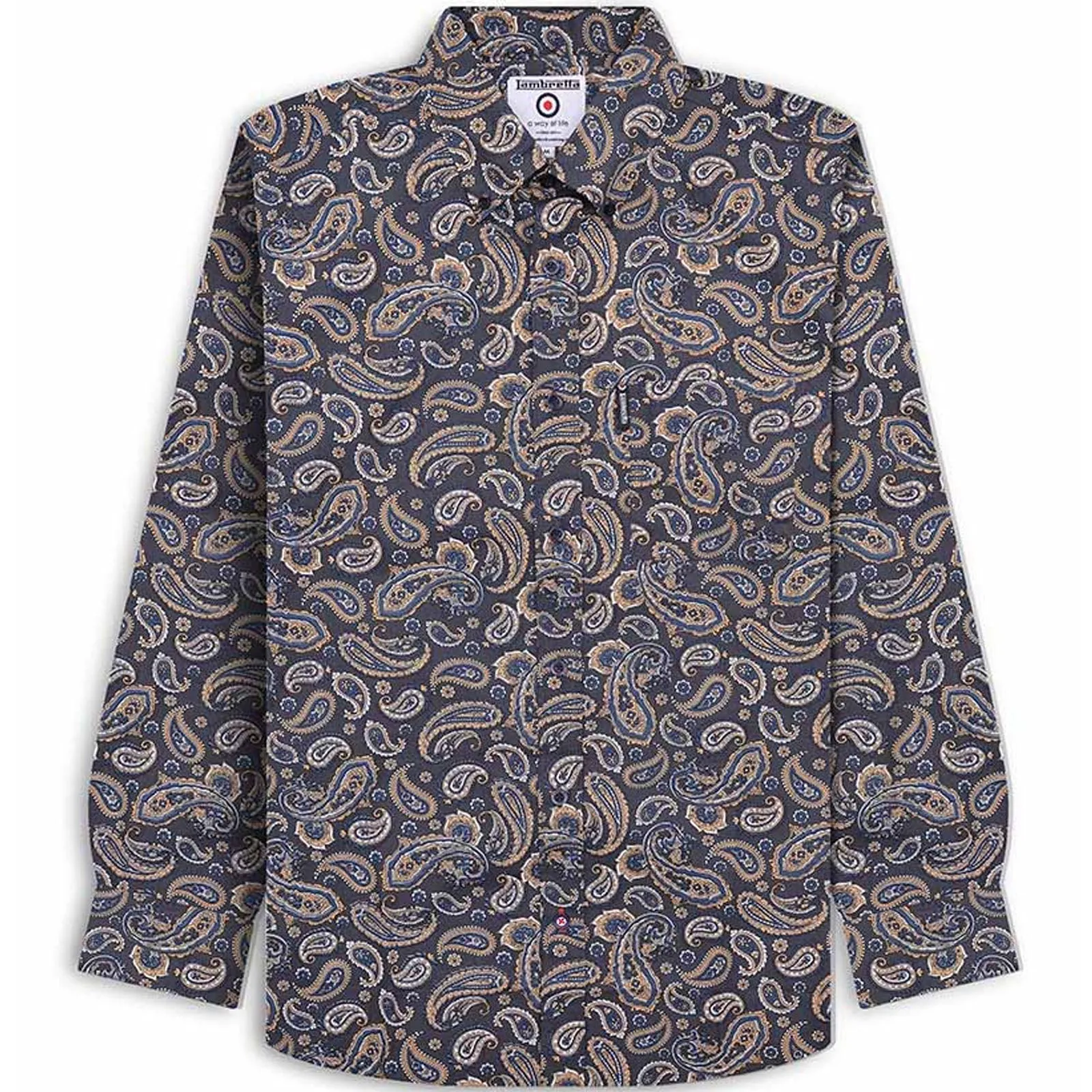 wrinkle free Layered Collar Lambretta Mens All Over Paisley Pattern Long Sleeve Smart Shirt - Grey