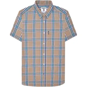 Lightweight Weave Lambretta Mens Cotton Check Shirt - Khaki/Navy