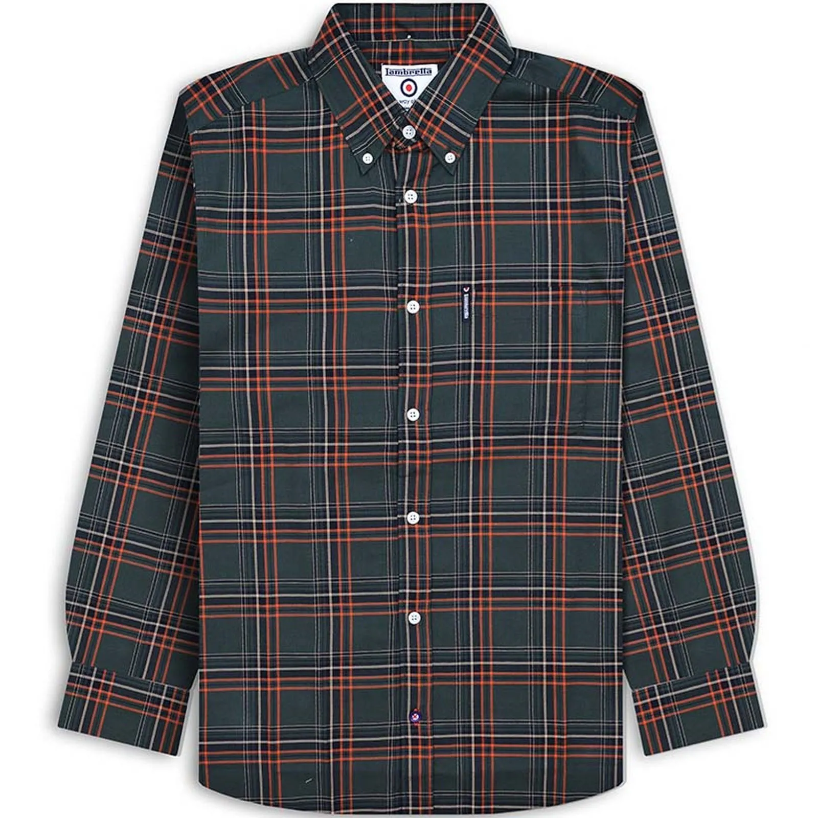 Lambretta Mens Long Sleeve Checked Checkered Smart Shirt - Khaki/Orange Laser Cut Edge Detail