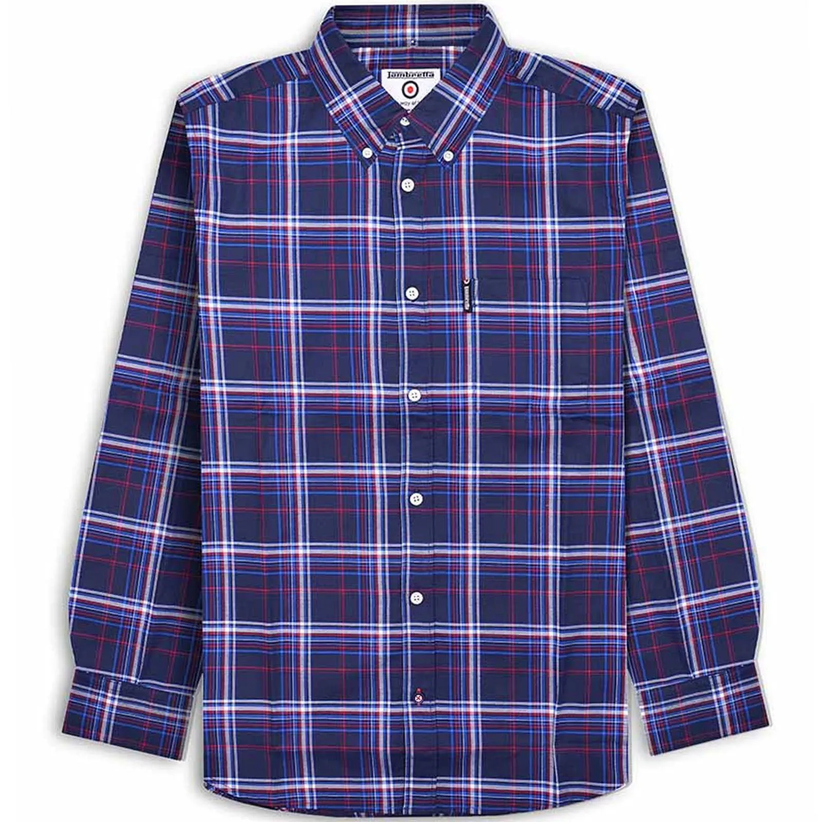 Tall Option Multipocket Style Lambretta Mens Long Sleeve Checked Checkered Smart Shirt - Navy/Blue/Red