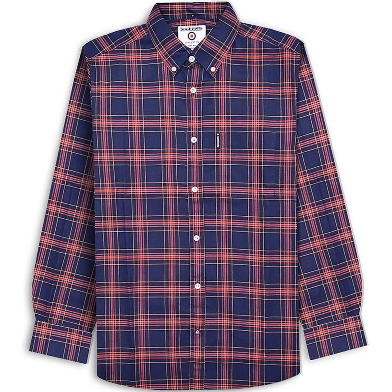 Lambretta Mens Long Sleeve Checked Checkered Smart Shirt - Navy/Red Custom Fit