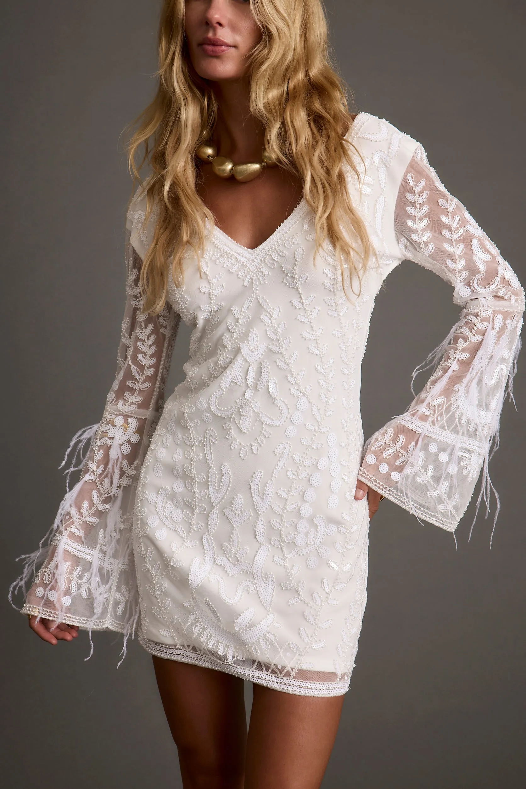 Lounge Feel Larisa White Printed Sequin Long Sleeve Dress