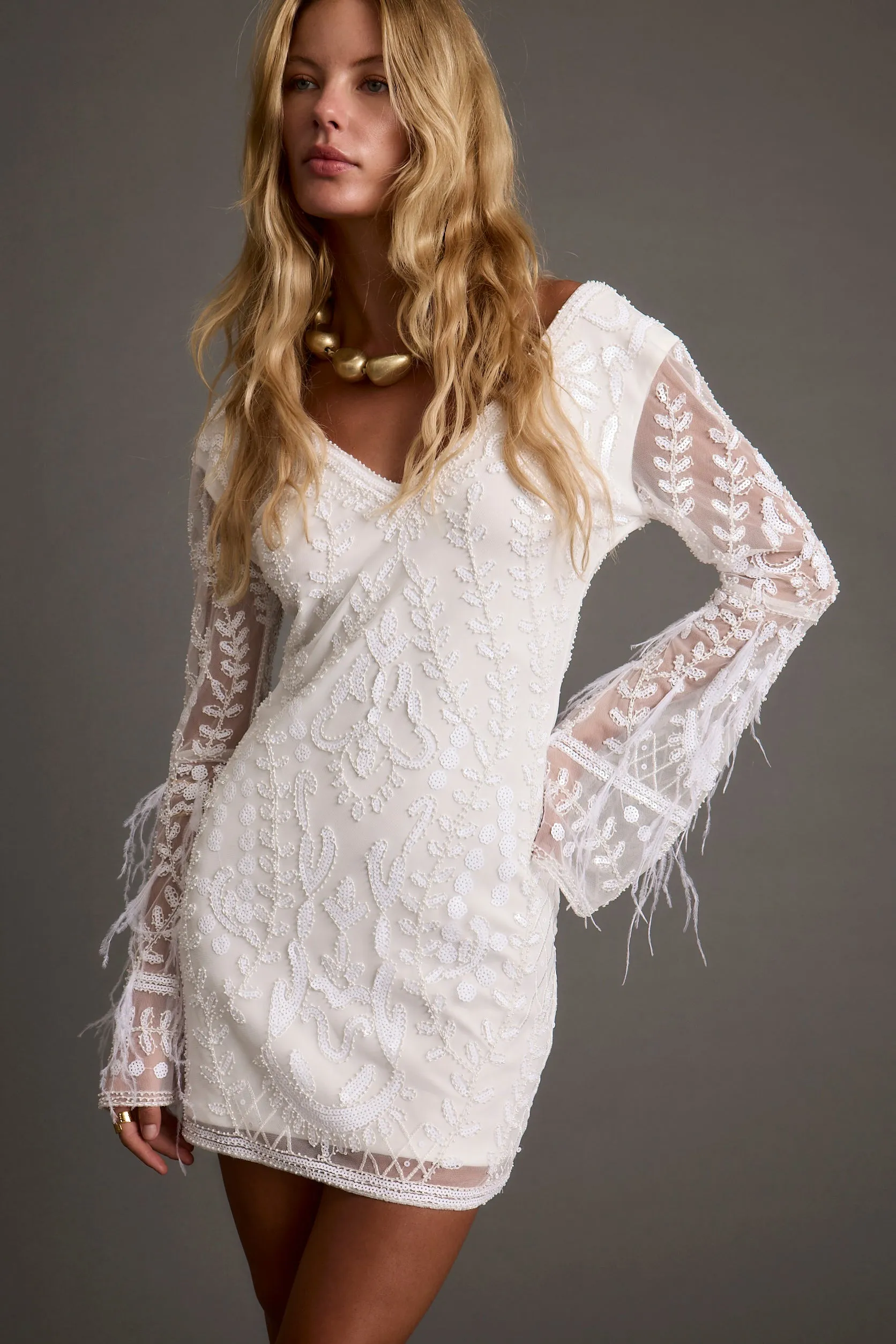 Winter Classic Larisa White Printed Sequin Long Sleeve Dress