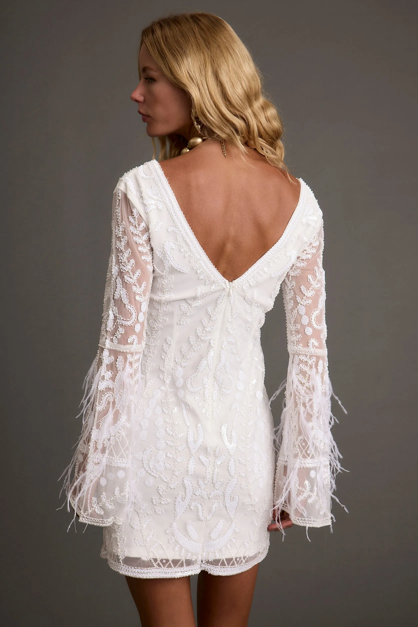 Larisa White Printed Sequin Long Sleeve Dress Neutral Layer