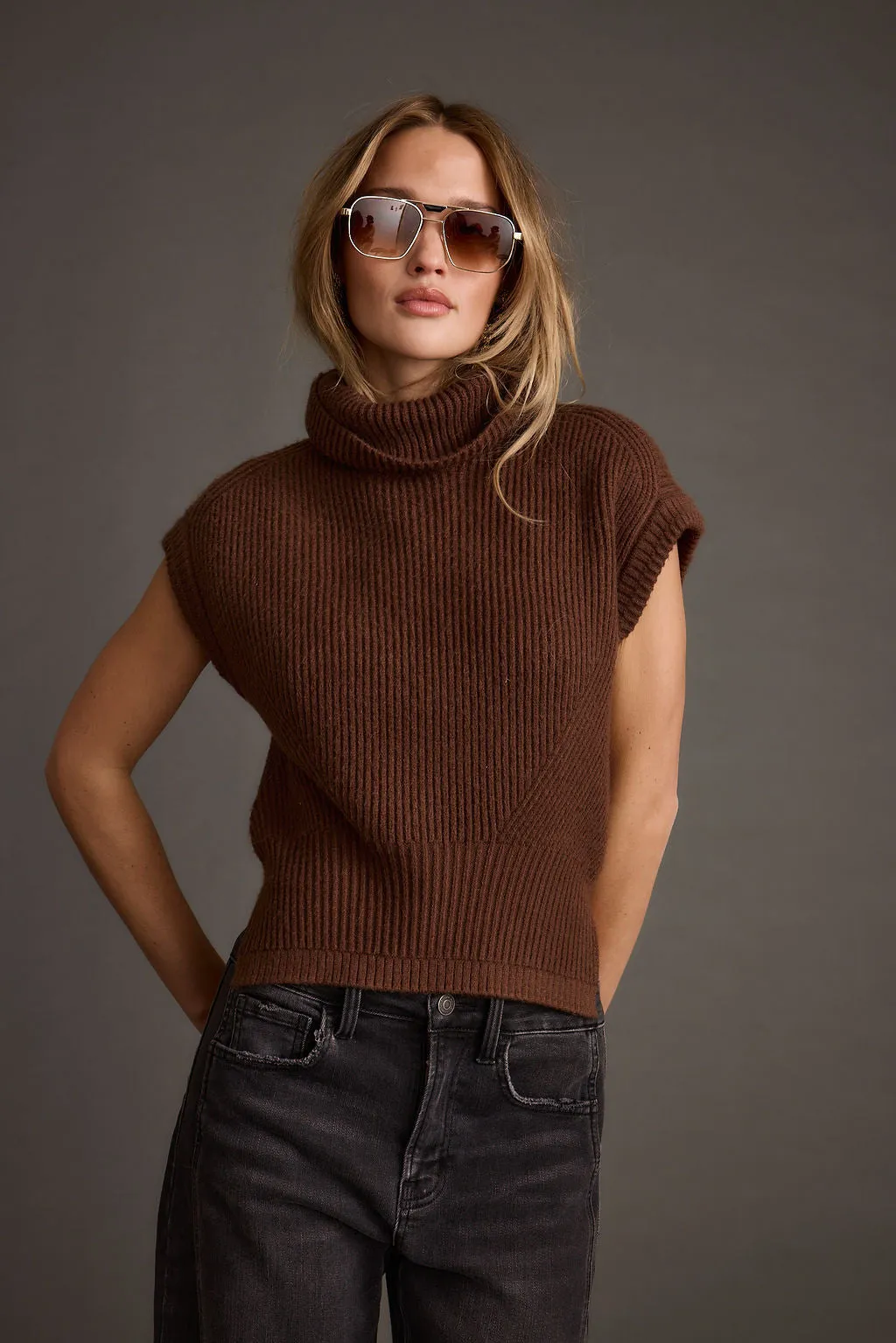 StretchableKnit Boulder Brown Turtleneck Sweater Vest