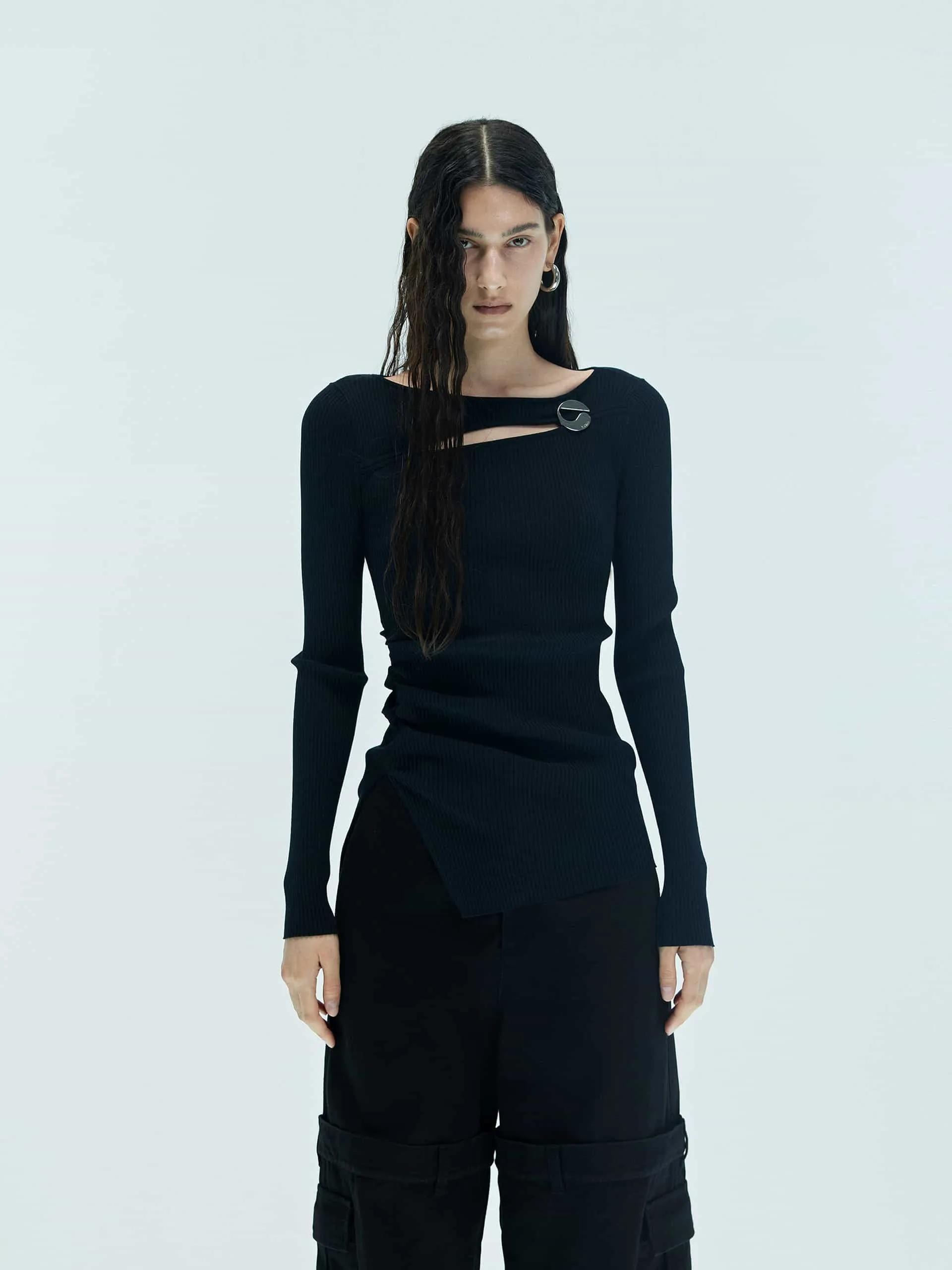 Oversized Fit Thermal Locking Yarn Cutout Ribbed Knit Sweater