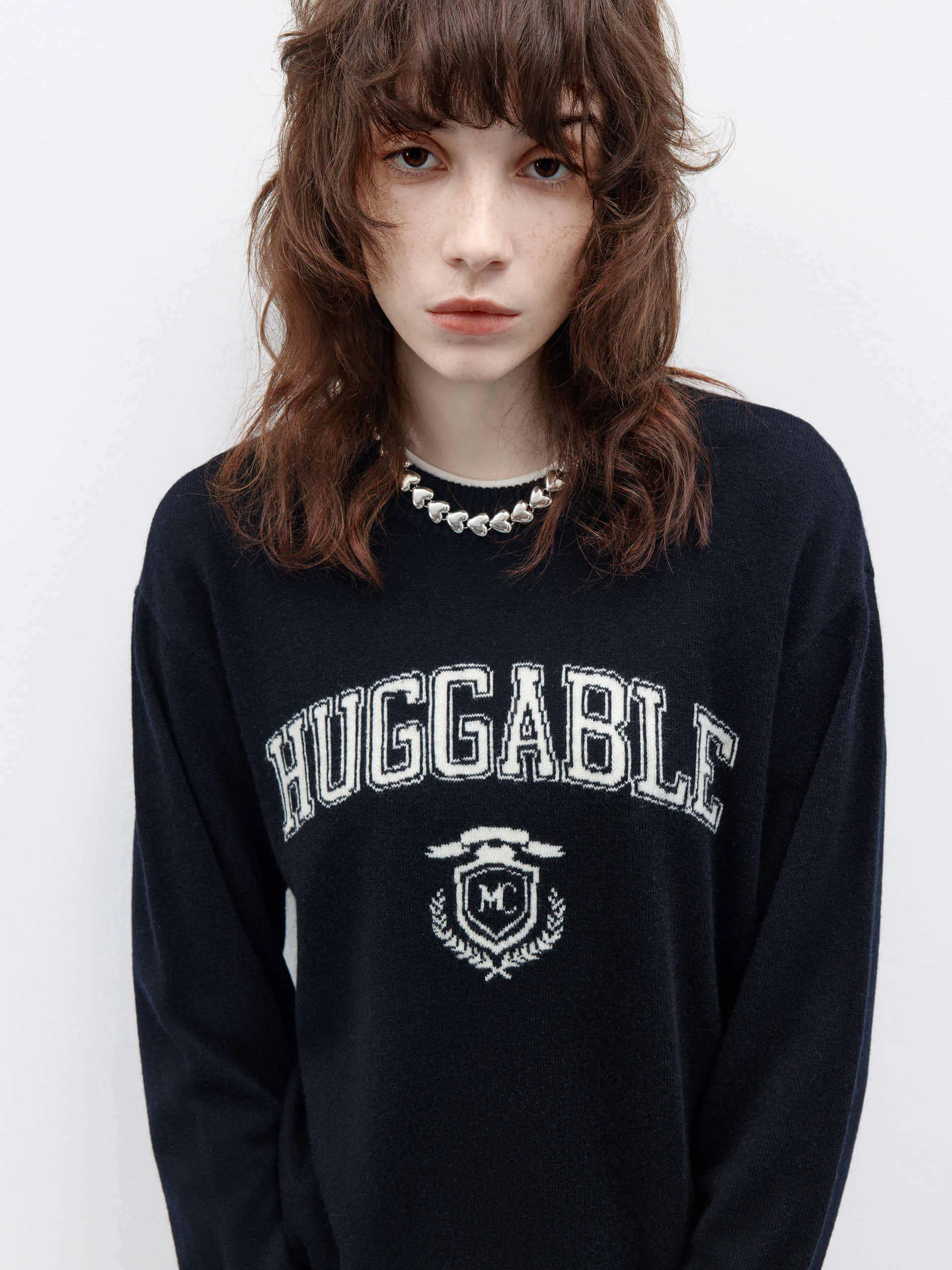 Letter Jacquard Wool Sweater Stretchable Cuff