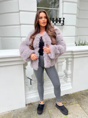 Light Grey Vertical Design Faux Fur Coat Cold Outfit Effortless Look