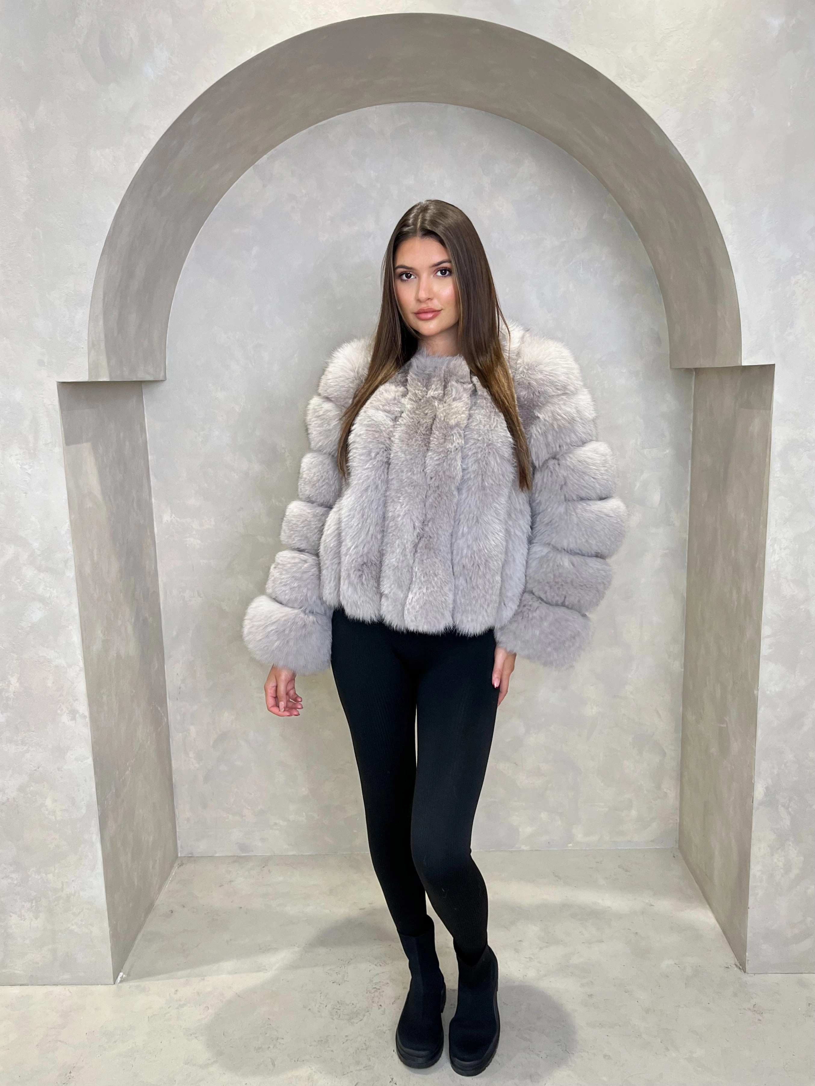 Comfort Fit Light Grey Luxury Fur Vertical Pelt Coat