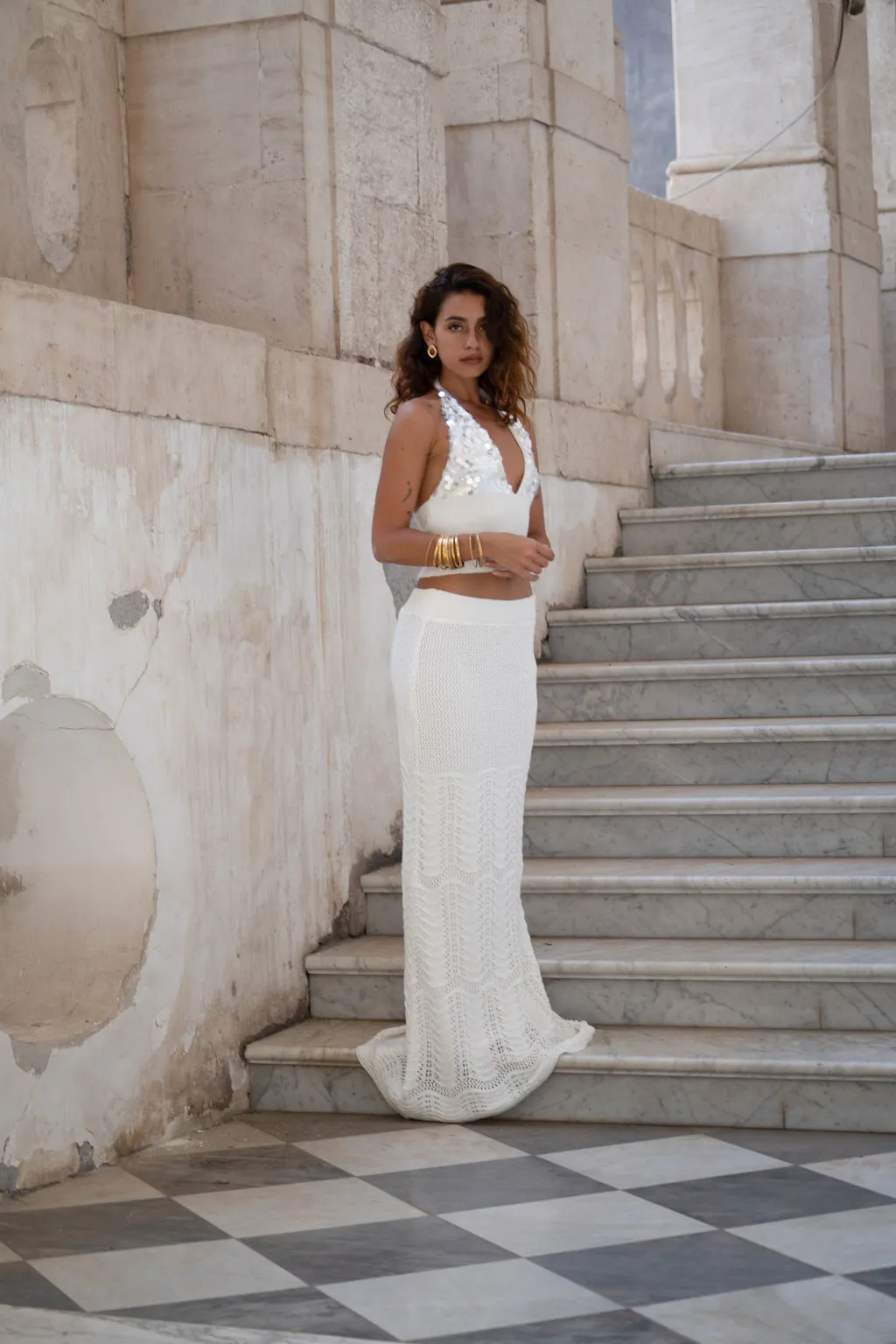 understated look Coordinated Set Jovie Ivory Knit Maxi Skirt