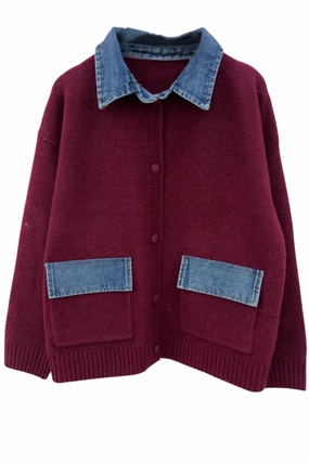 Poppy Wool Blend Denim Mix Burgundy Cardigan Jacket Warm Classic