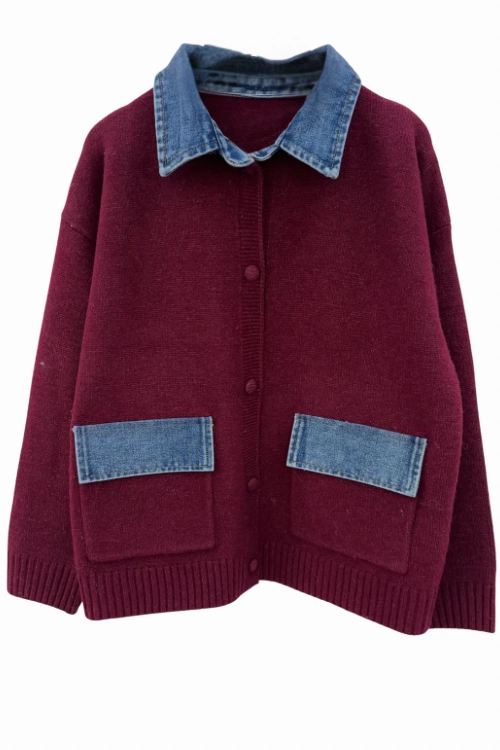 Poppy Wool Blend Denim Mix Burgundy Cardigan Jacket Warm Classic