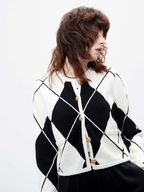 Argyle Check Cropped Cardigan Circular Knit Pattern Breathable Honeycomb Weave