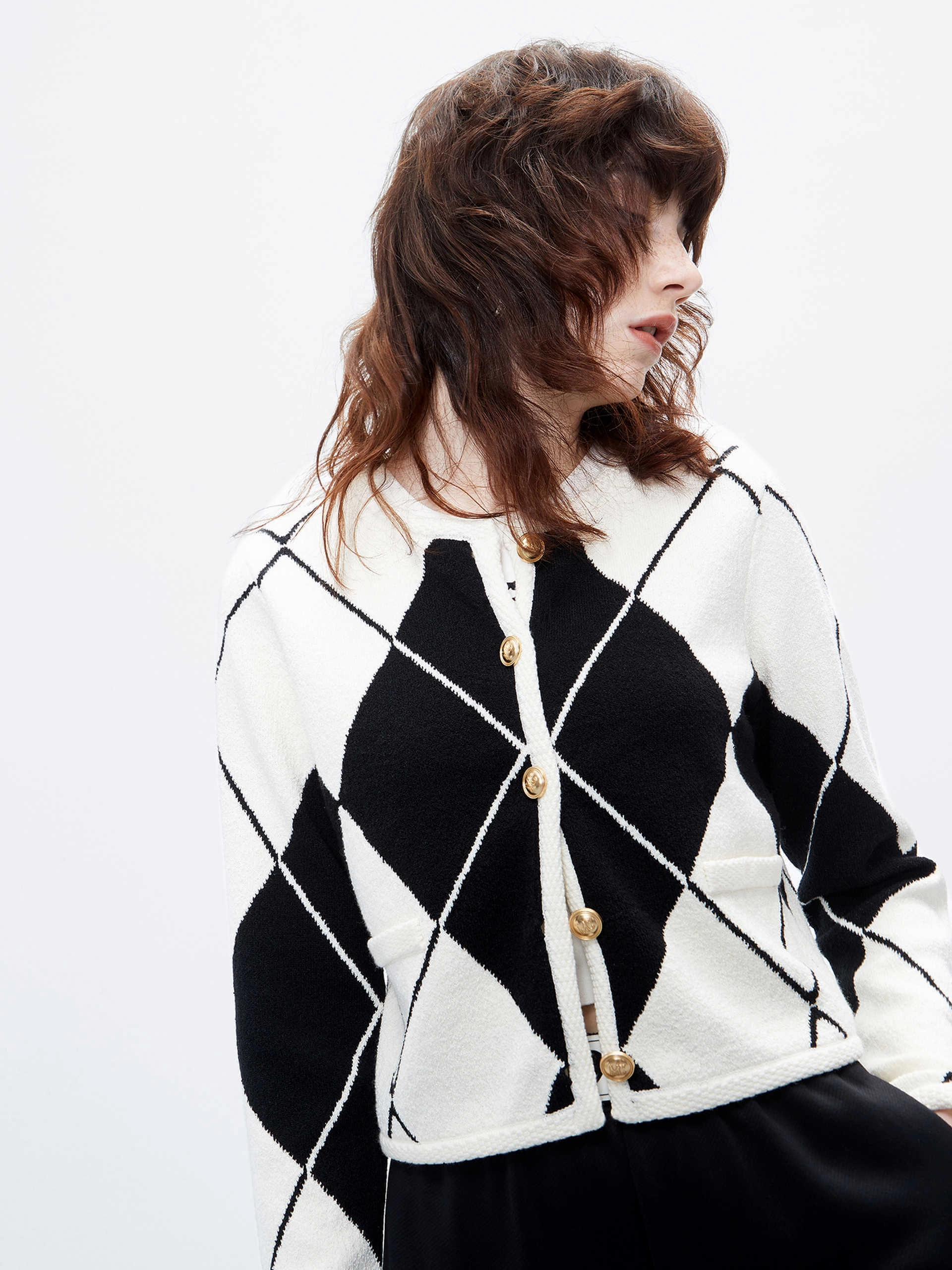 smooth zipper Thermal Insulation Layer Argyle Check Cropped Cardigan