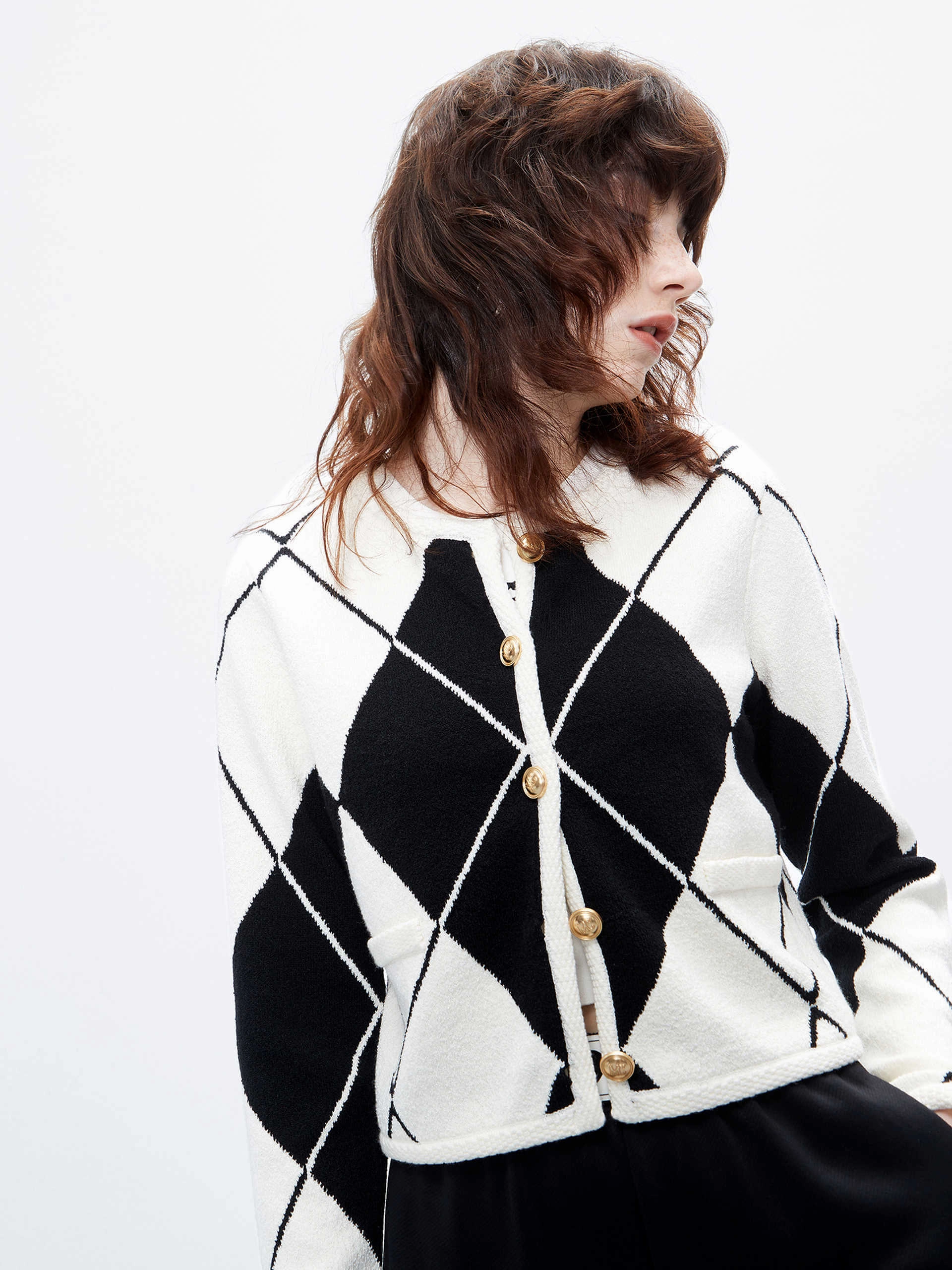 Argyle Check Cropped Cardigan Circular Knit Pattern Breathable Honeycomb Weave