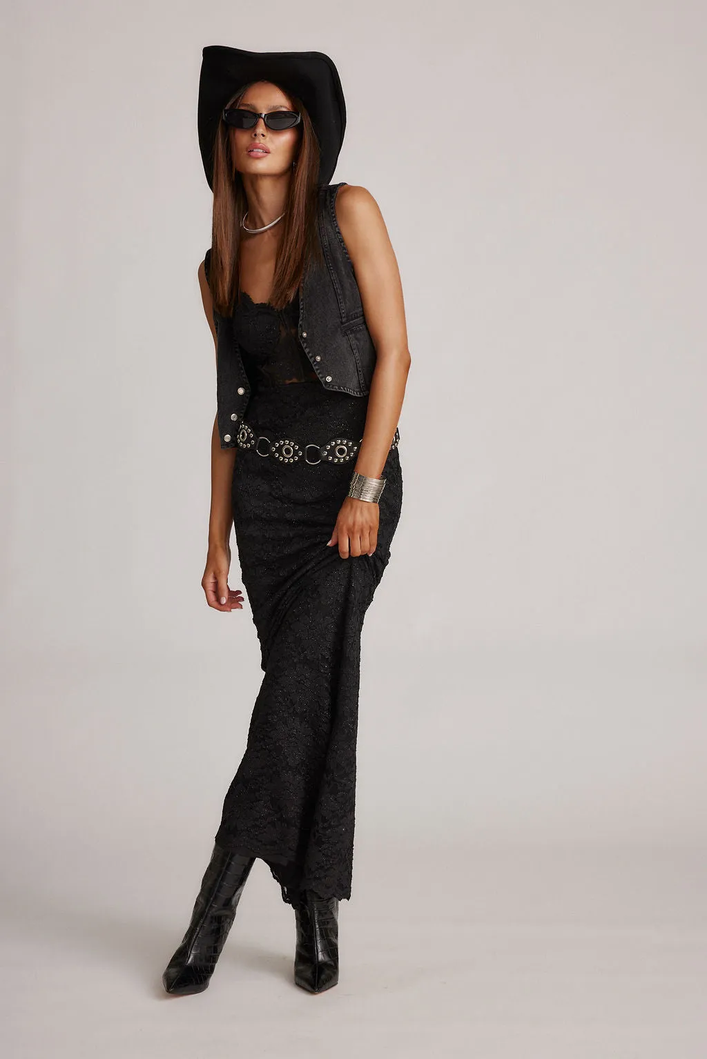 Frayed-Edge Lizette Black Lace Maxi Gown