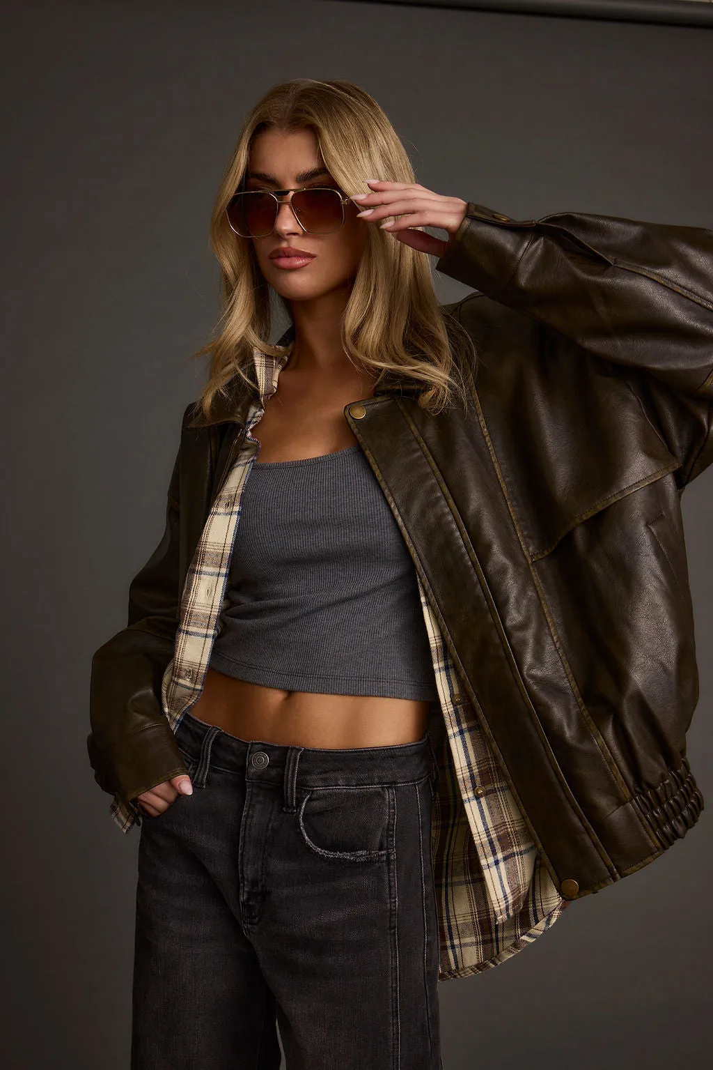 London Calling Brown Oversized Faux Leather Jacket Anti Static Lining Active Daily Wear