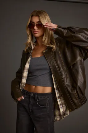 London Calling Brown Oversized Faux Leather Jacket Anti Static Lining Active Daily Wear