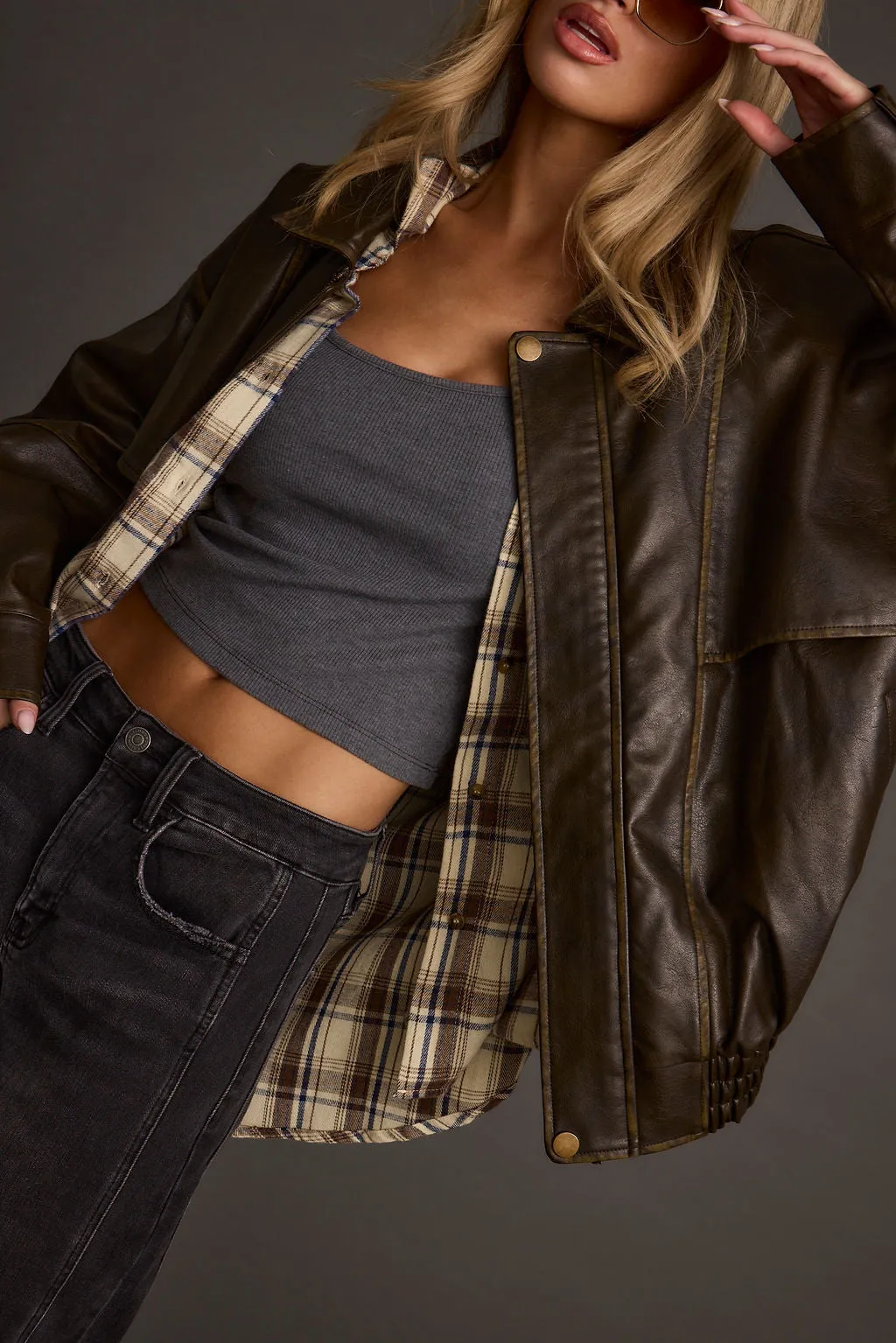 London Calling Brown Oversized Faux Leather Jacket SiliconeGrip
