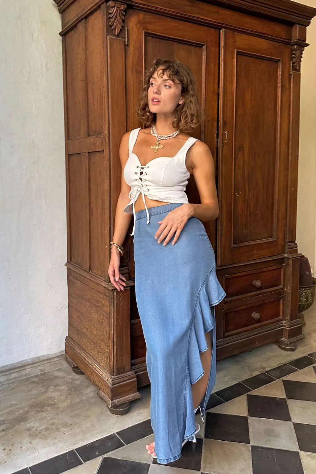 Classic Comfort Monochrome Outfit Annabelle Denim Ruffle Trim Maxi Skirt