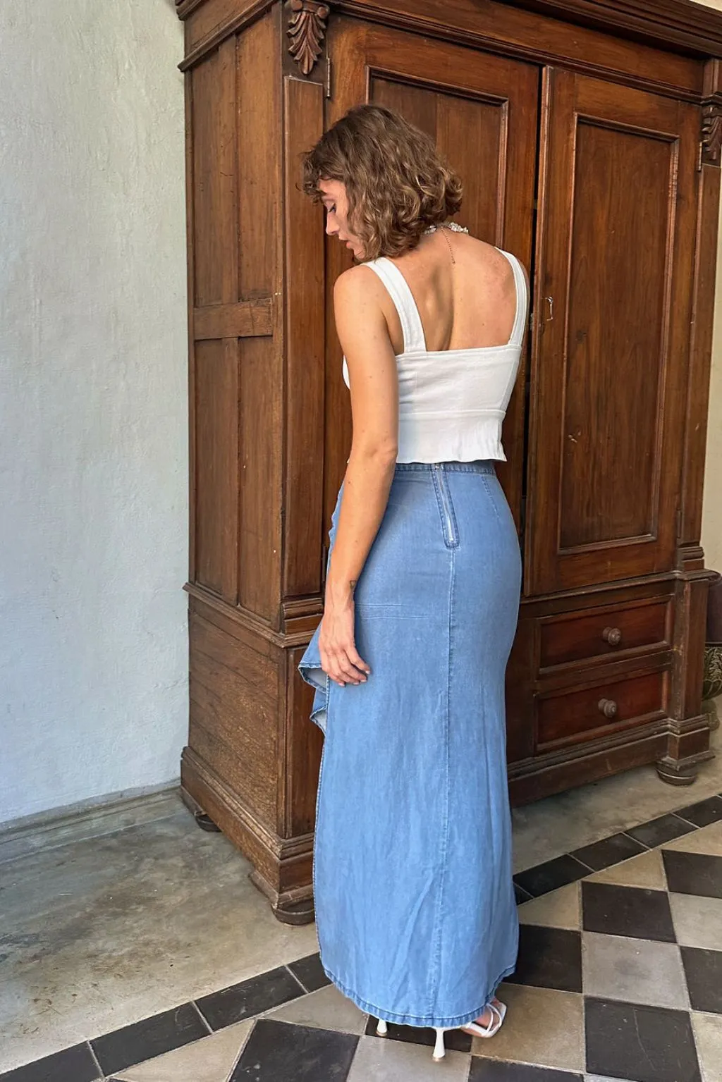 Adjustable Hem Outfit Essence Annabelle Denim Ruffle Trim Maxi Skirt