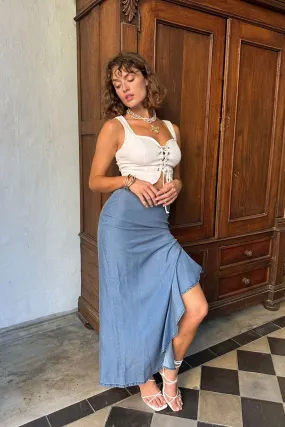 Calm Mood Annabelle Denim Ruffle Trim Maxi Skirt