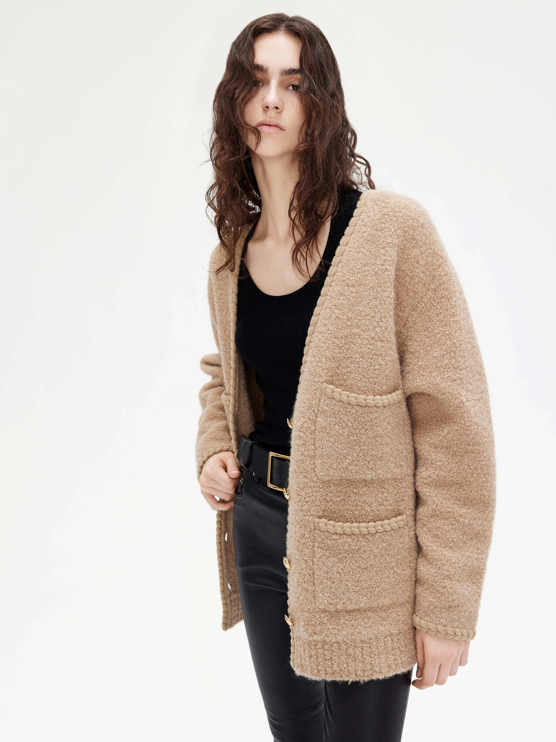 Flatlock Seam Construction Reinforced Neckline Stitching Loose Boucle Knit Cardigan