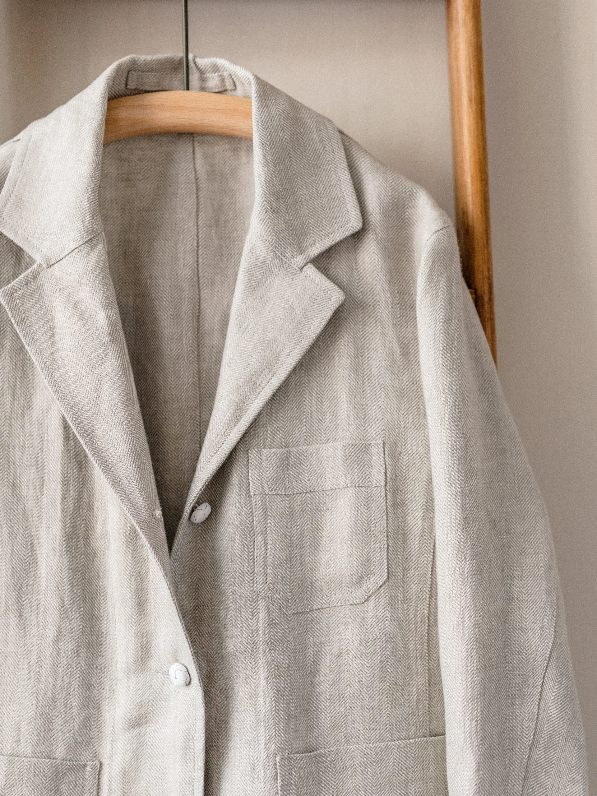 Irish Linen Workers Jacket / Pale Beige Herringbone Regular Fit Cut