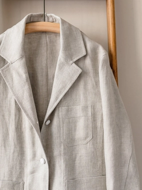 Irish Linen Workers Jacket / Pale Beige Herringbone Regular Fit Cut