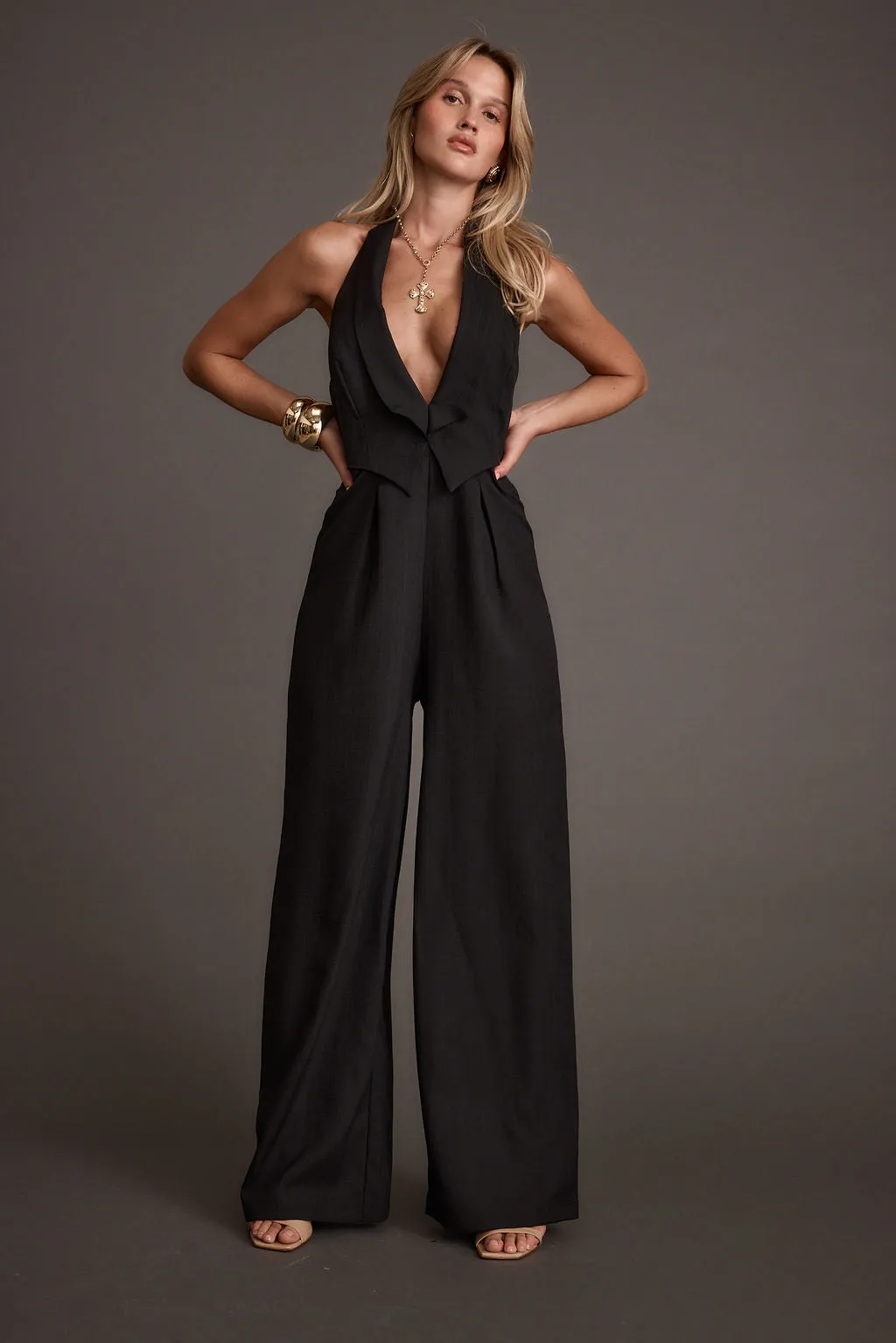 Balanced Shape Astoria Black Plunge Halter Tailored Jumpsuit