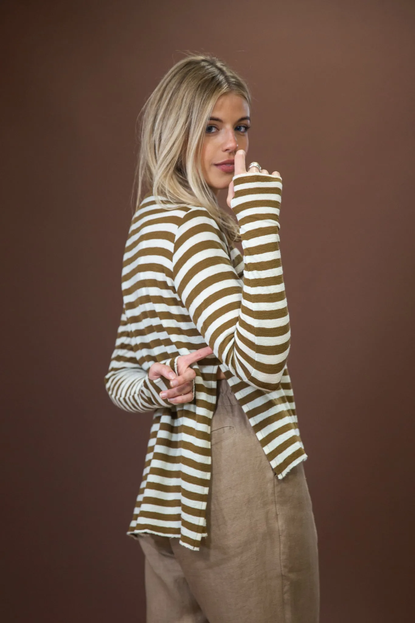 Merino With High Slits | Raw White   Bronze Stripe Friction Resistant Edging