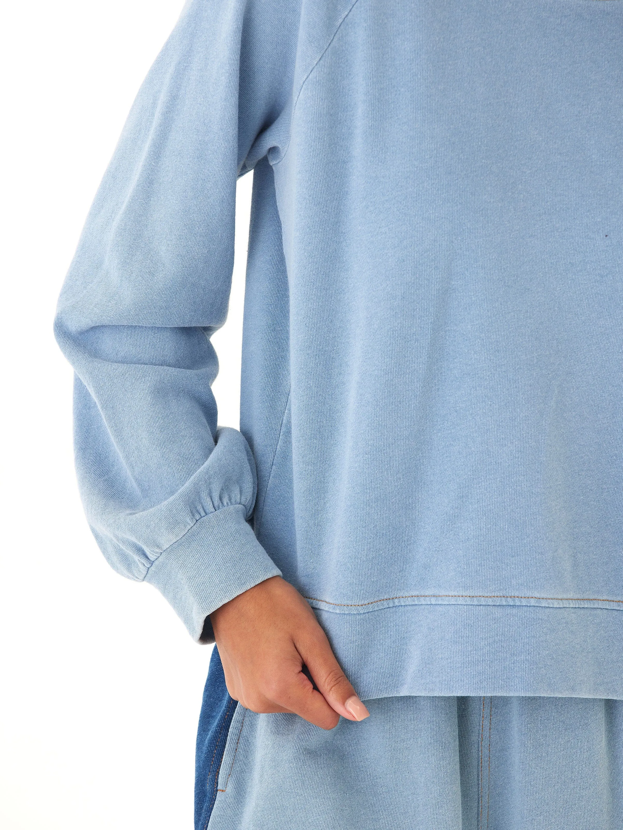 Mabel Denim Terry Raglan Pullover Seamless Shoulder Construction Non Restrictive Armholes