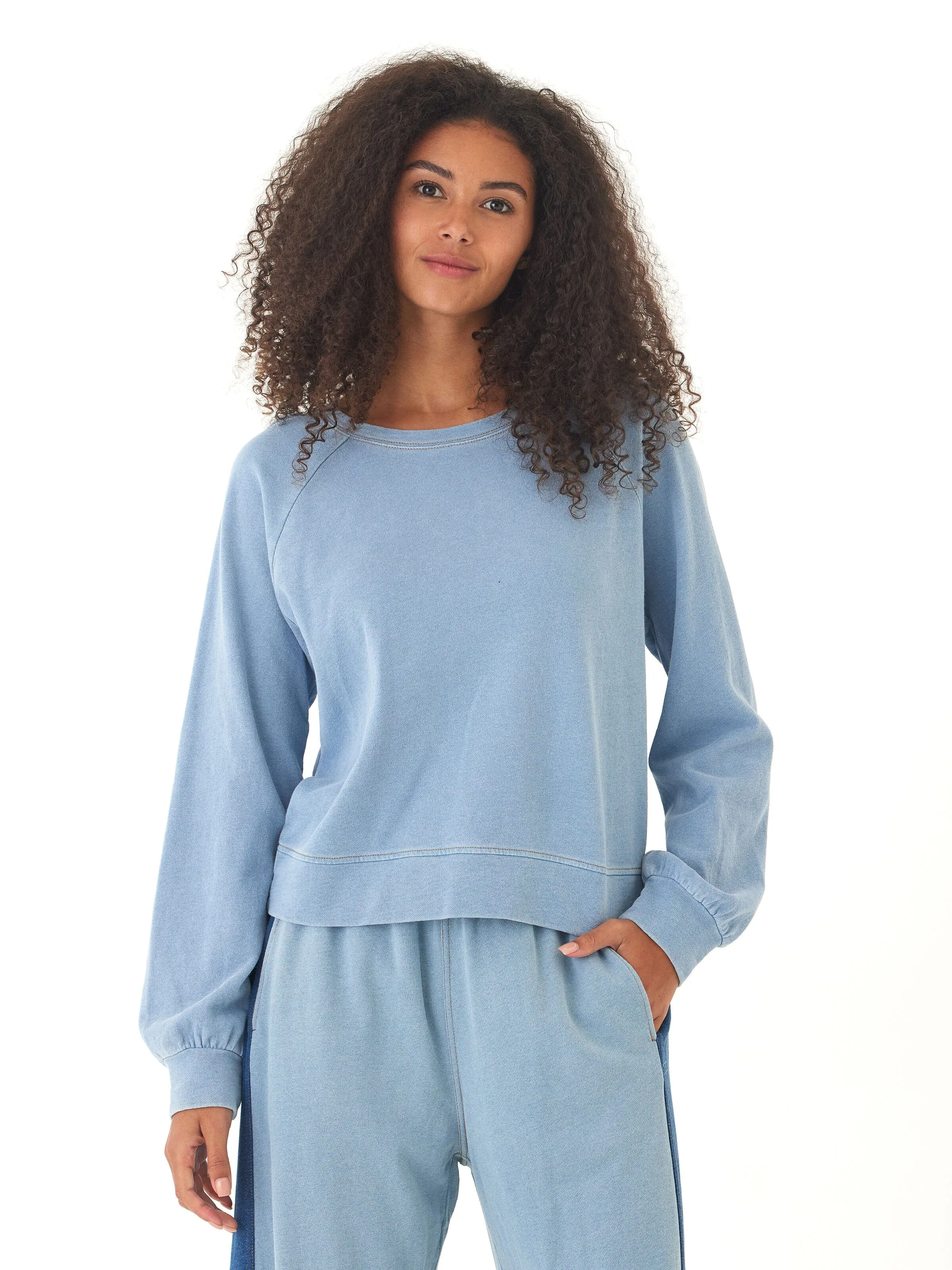 Mabel Denim Terry Raglan Pullover Ergonomic Shoulder Design Low Profile Fastening