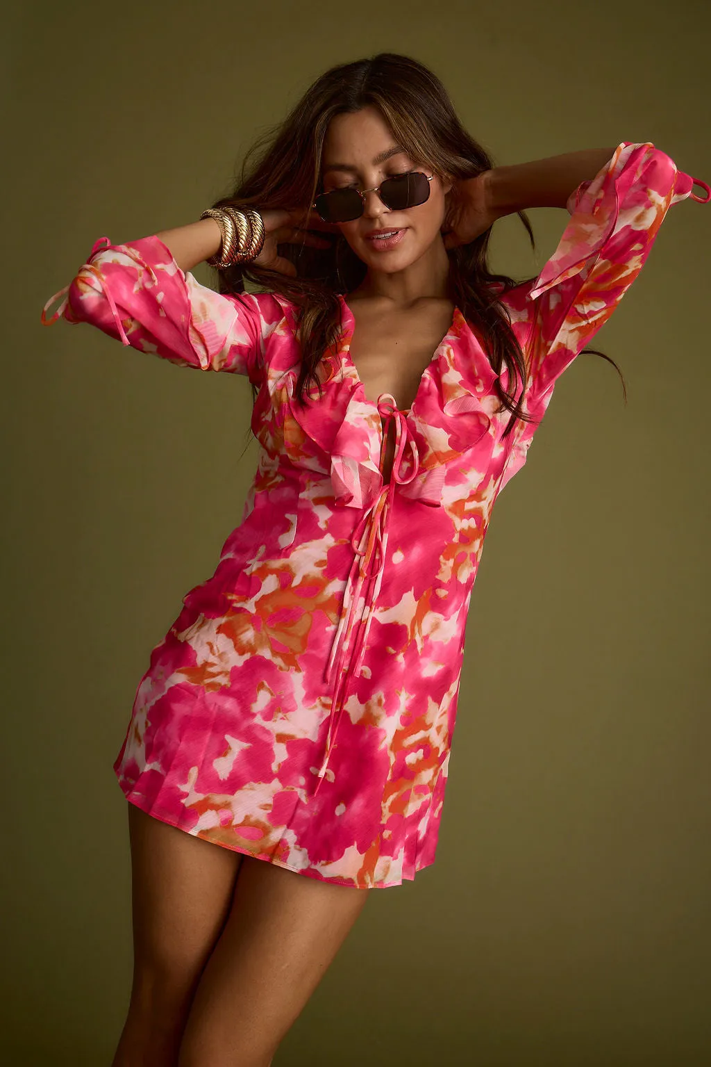 Chic Harmony Sydney Hot Pink Long Sleeve Ruffle Dress