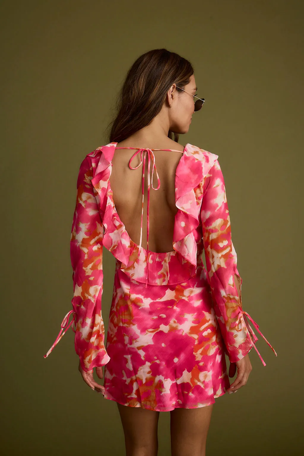 Silky texture Urban Classic Sydney Hot Pink Long Sleeve Ruffle Dress