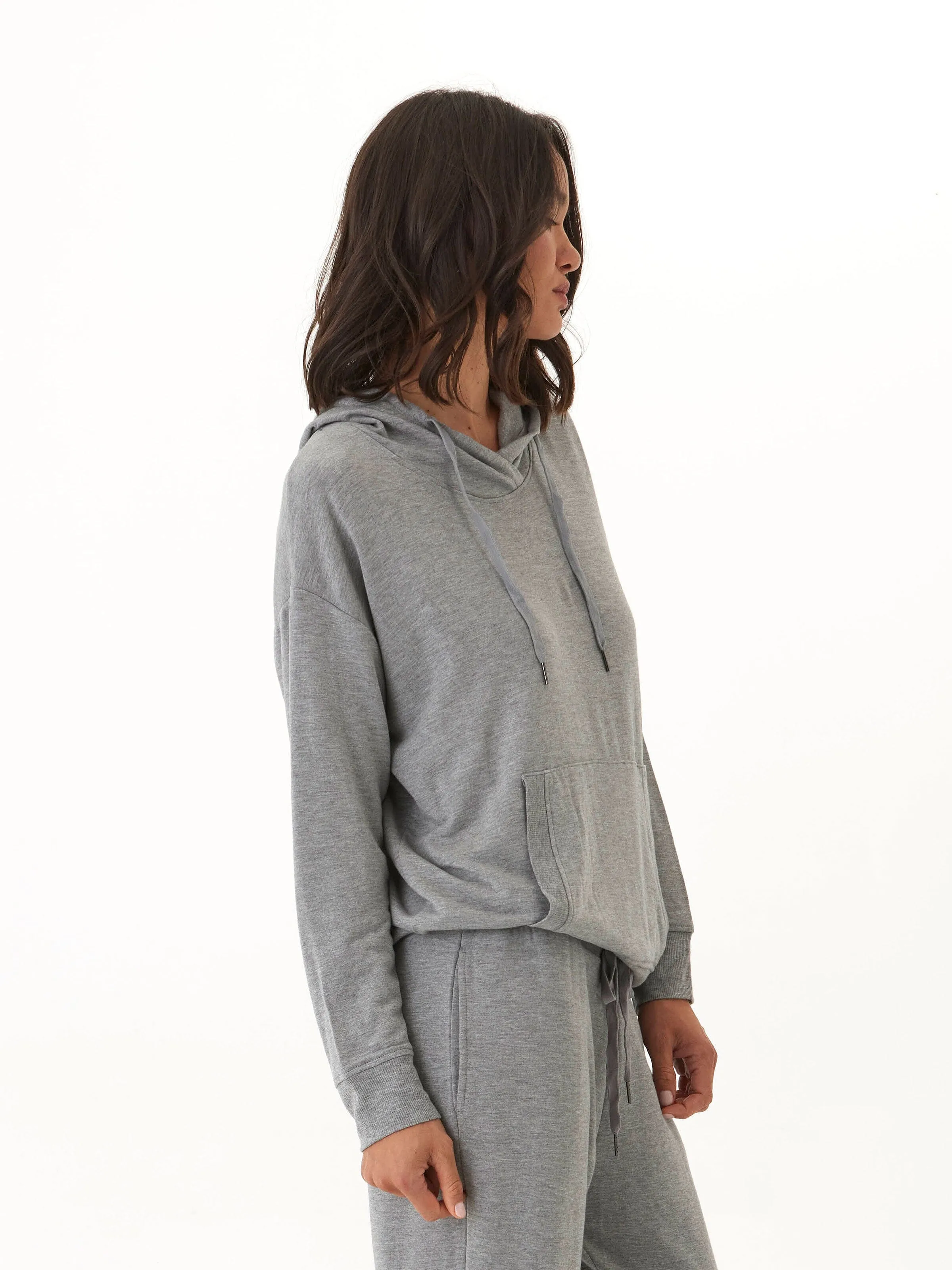 Madge Feather Fleece Pullover Hoodie Adjustable Cuff System Cold Day Look