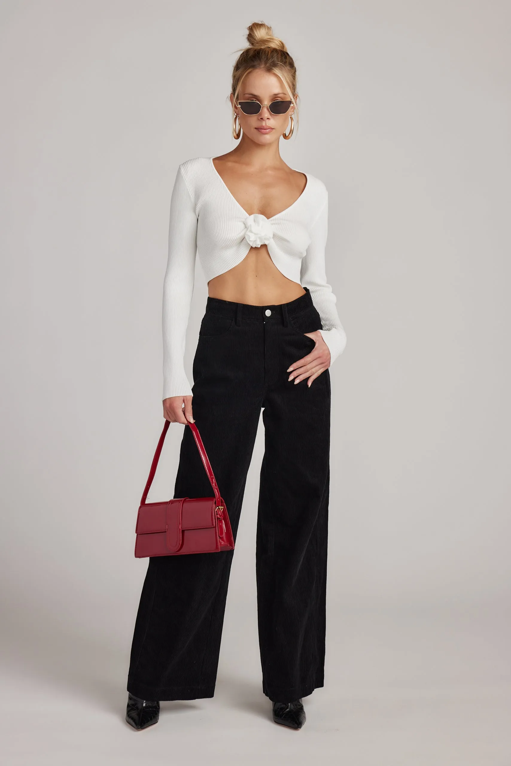 Wind Resistant Fabric Marie White Long Sleeve Rosette Top