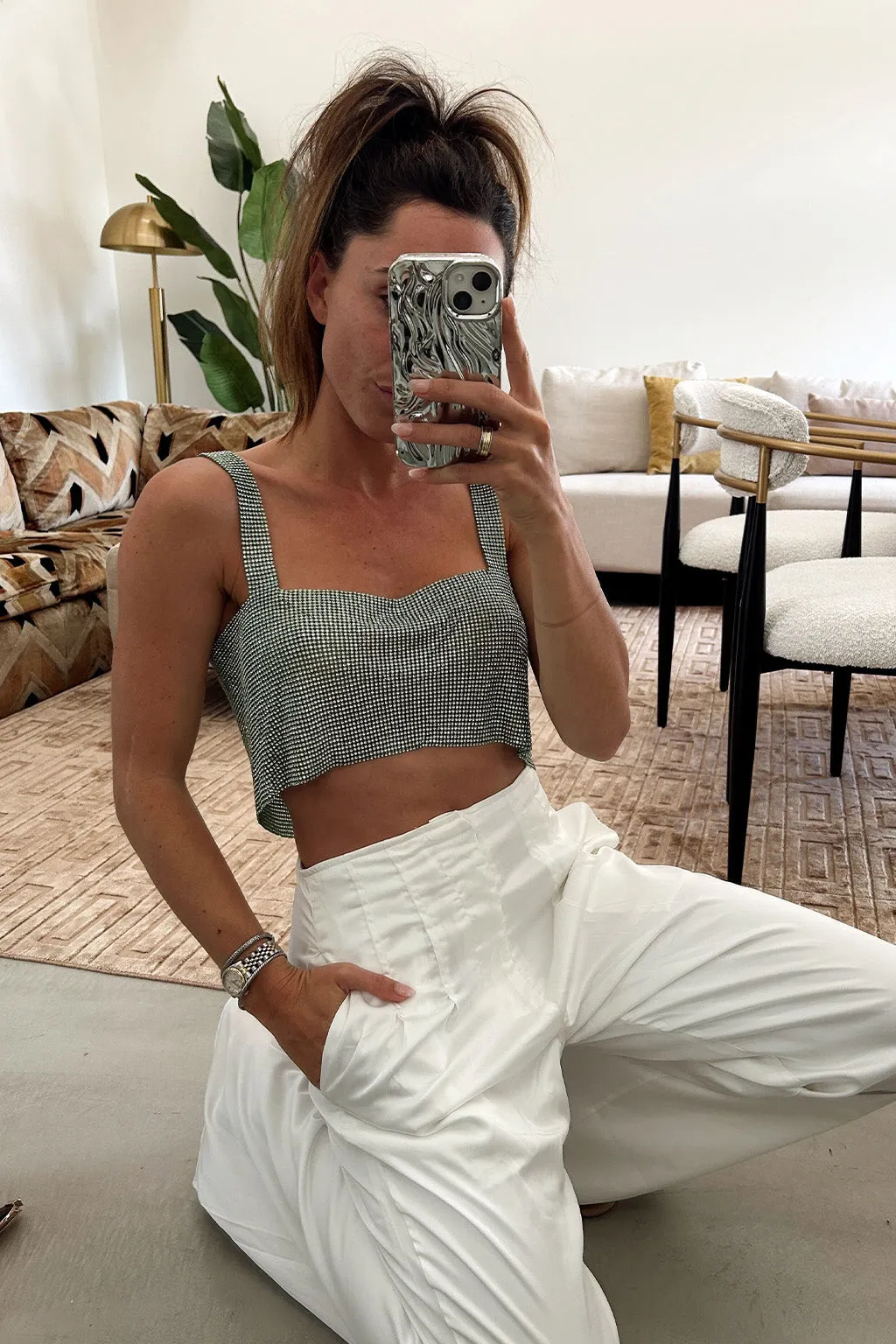 Marine Green Rhinestone Chainmail Tank Elegant Blouse