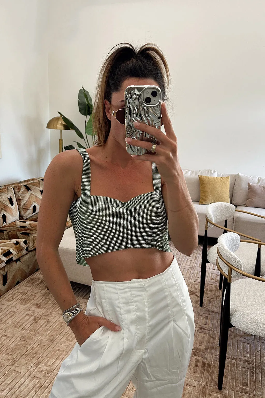 ReflectiveAccents slim fit Marine Green Rhinestone Chainmail Tank