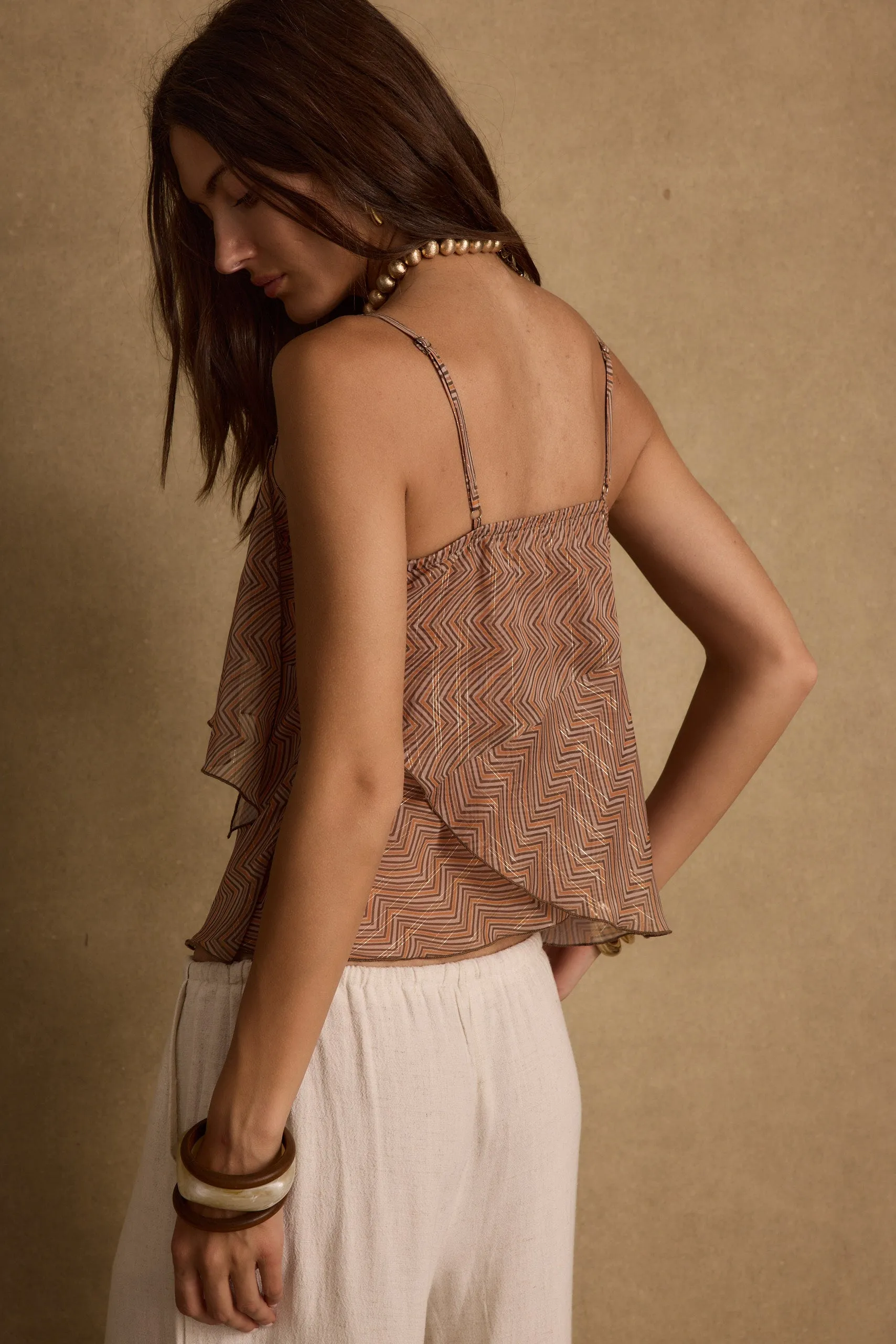Contrast Stitching High Collar Protection Design Mariposa Ruffle Cami