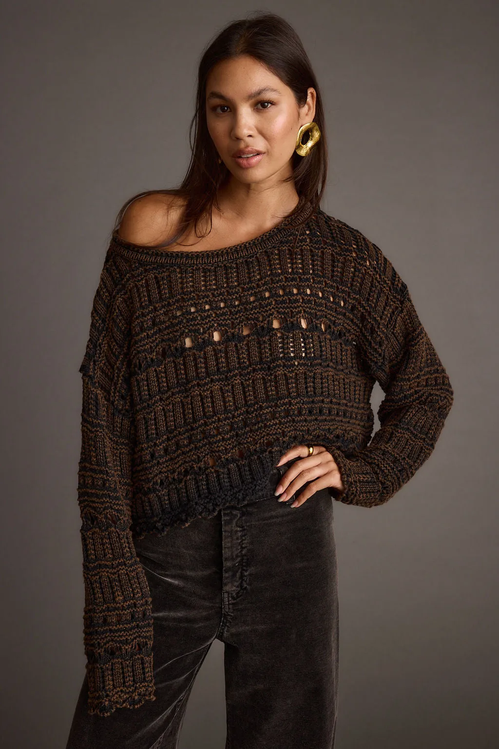 Layered Shoulder Panels Marley Brown Open Knit Relaxed Sweater