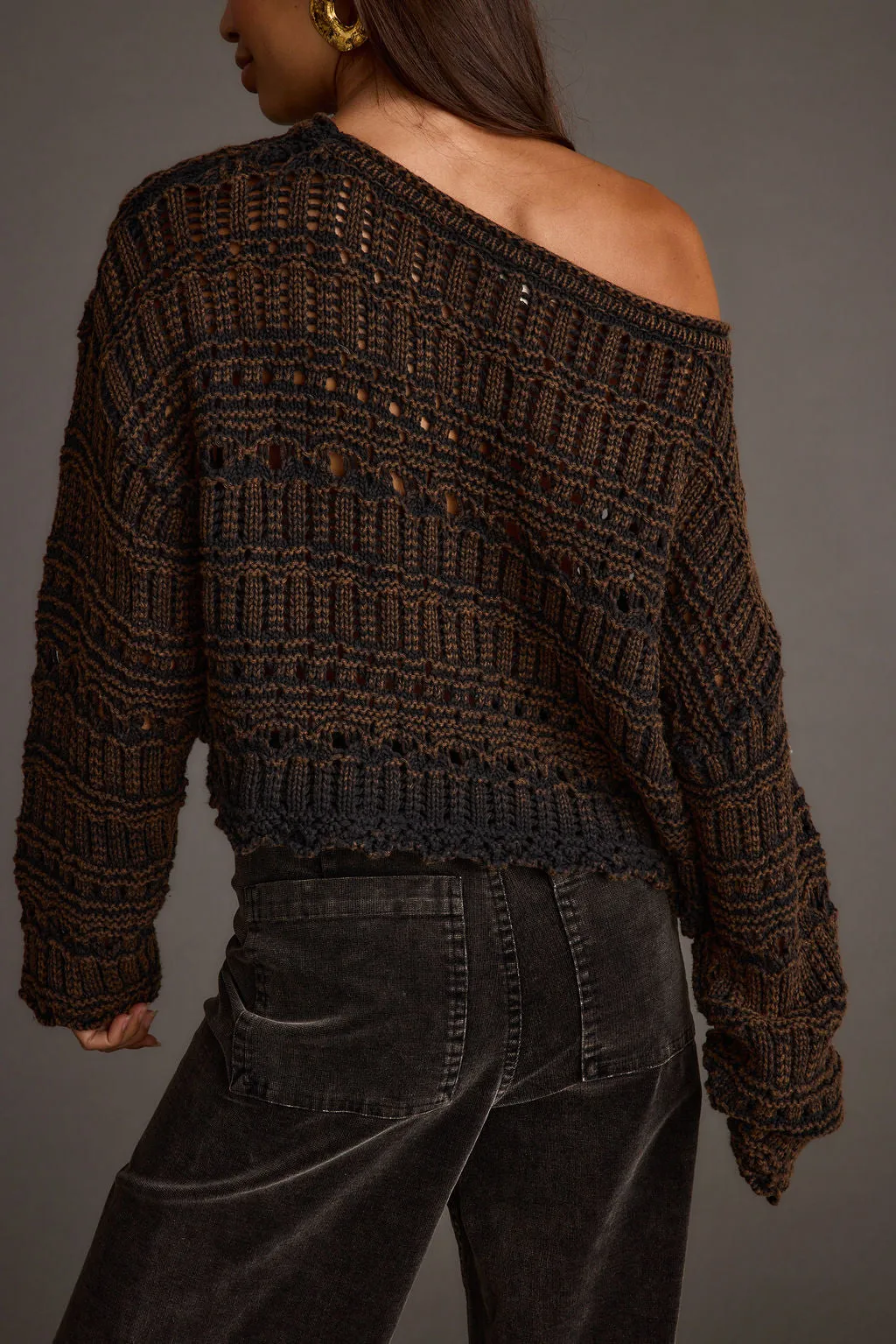 Marley Brown Open Knit Relaxed Sweater Work Wear applique
