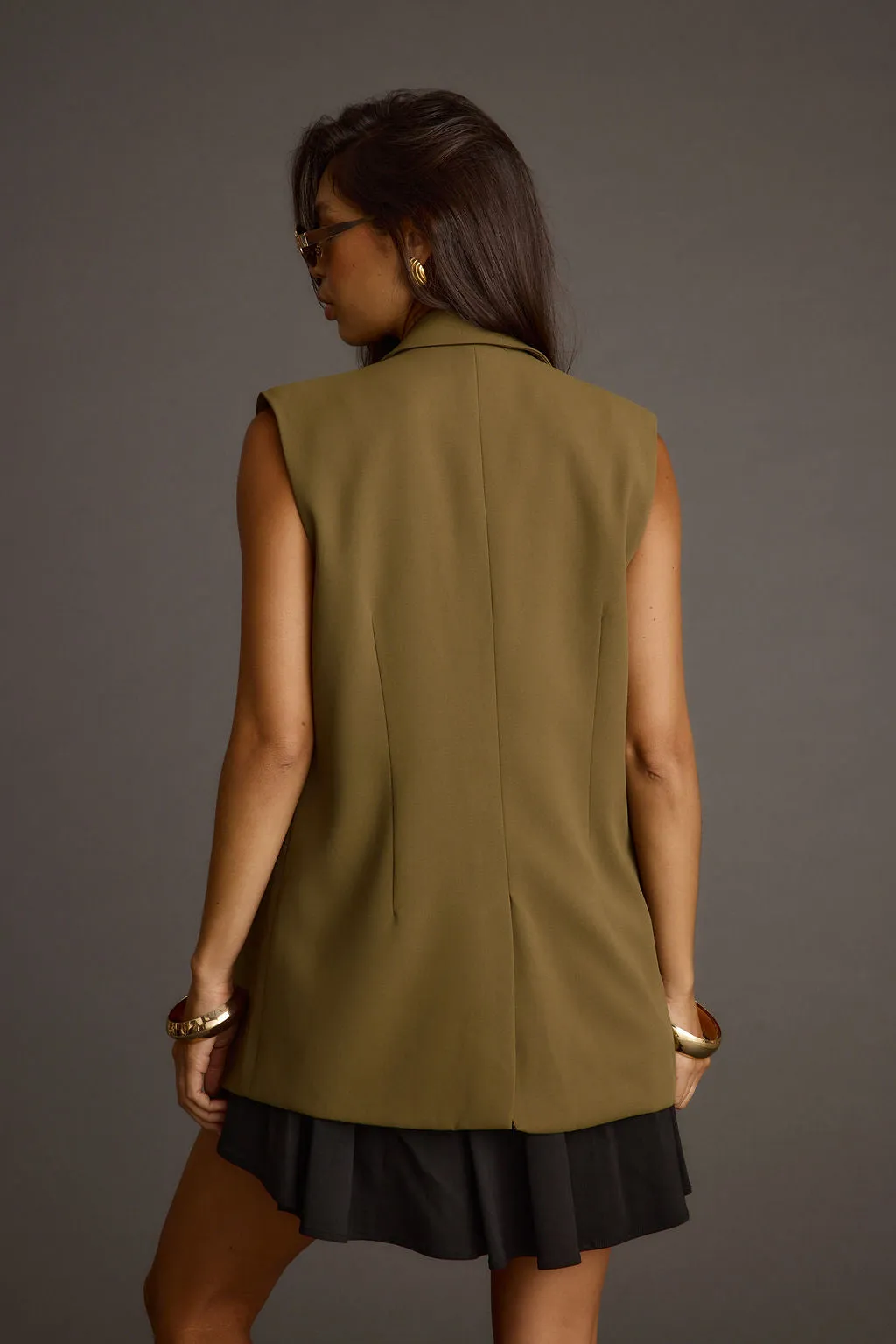 ErgonomicSleeves DurableStitching Marlowe Olive Sleeveless Blazer