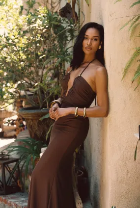 Dreamy Texture New Mood Mendoza Mocha Plunge Maxi Dress