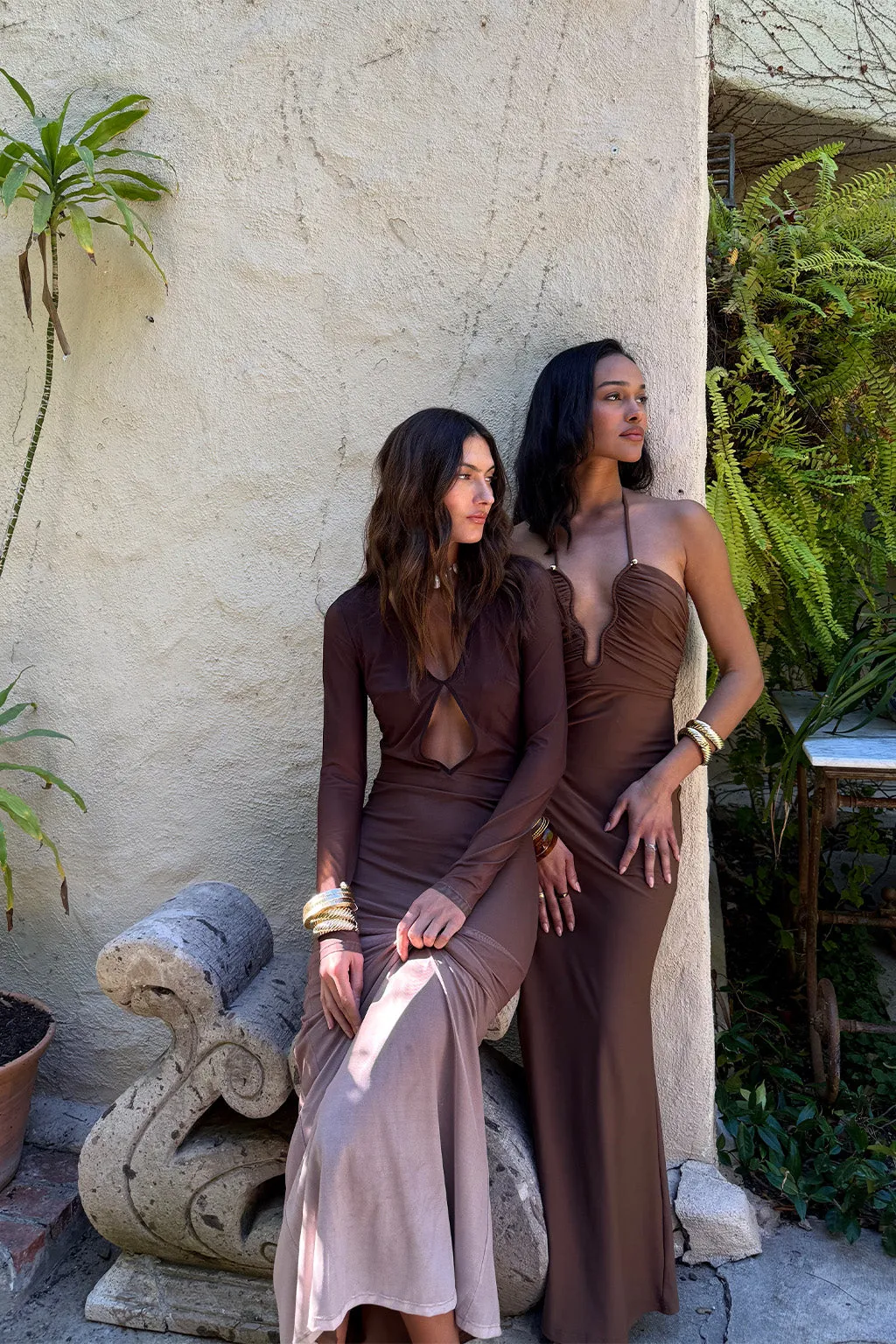 Mendoza Mocha Plunge Maxi Dress Breathable Material