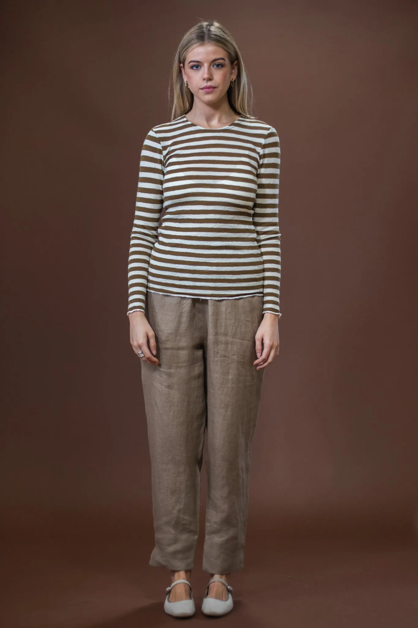 Easy Care Fabric Merino Crew Neck | Raw White   Bronze Stripe